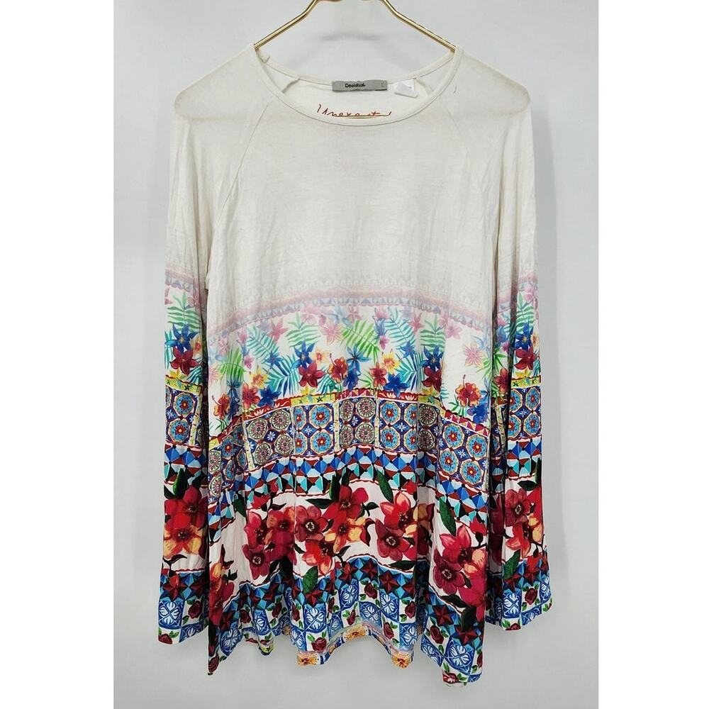 Desigual Floral Bell Sleeve Top Women's Large Thin Comfort